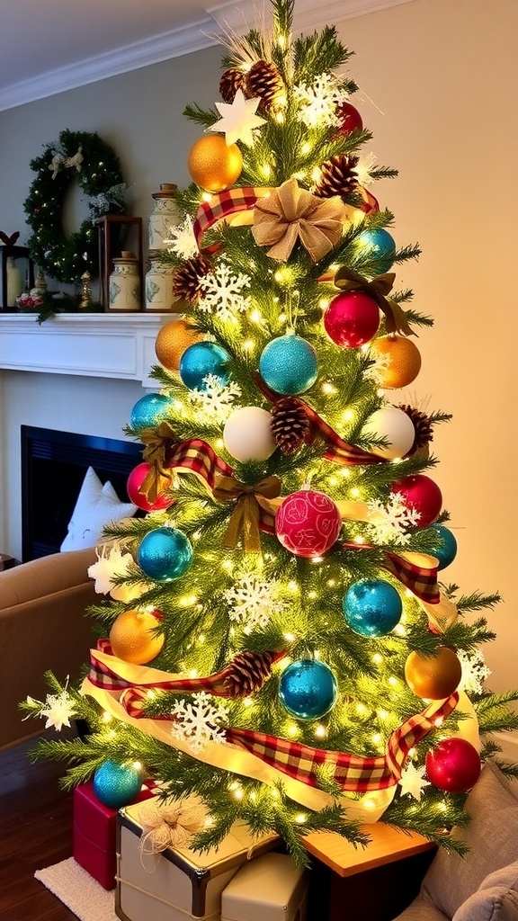 Pier 1 Inspired Christmas Tree Decoration A stunning Christmas tree decorated with colorful ornaments and lights in a cozy living room.